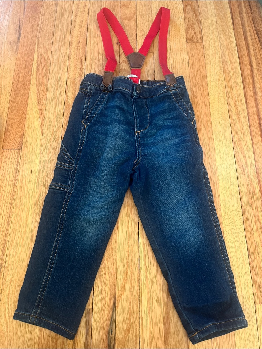 Boys Dark Blue Jeans with Red Suspenders